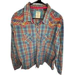 Panhandle Rough Stock Plaid Button Up Blouse With Colorful Embroidery